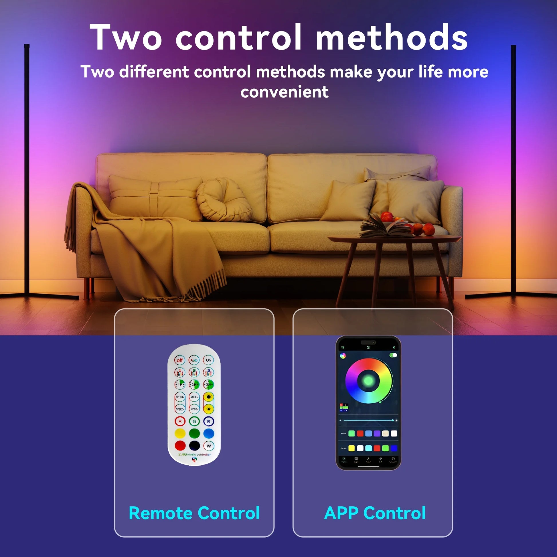 GUPUP Corner Floor Lamp with USB Plug-In, Music Sync Feature, and App Remote Control for Living Room