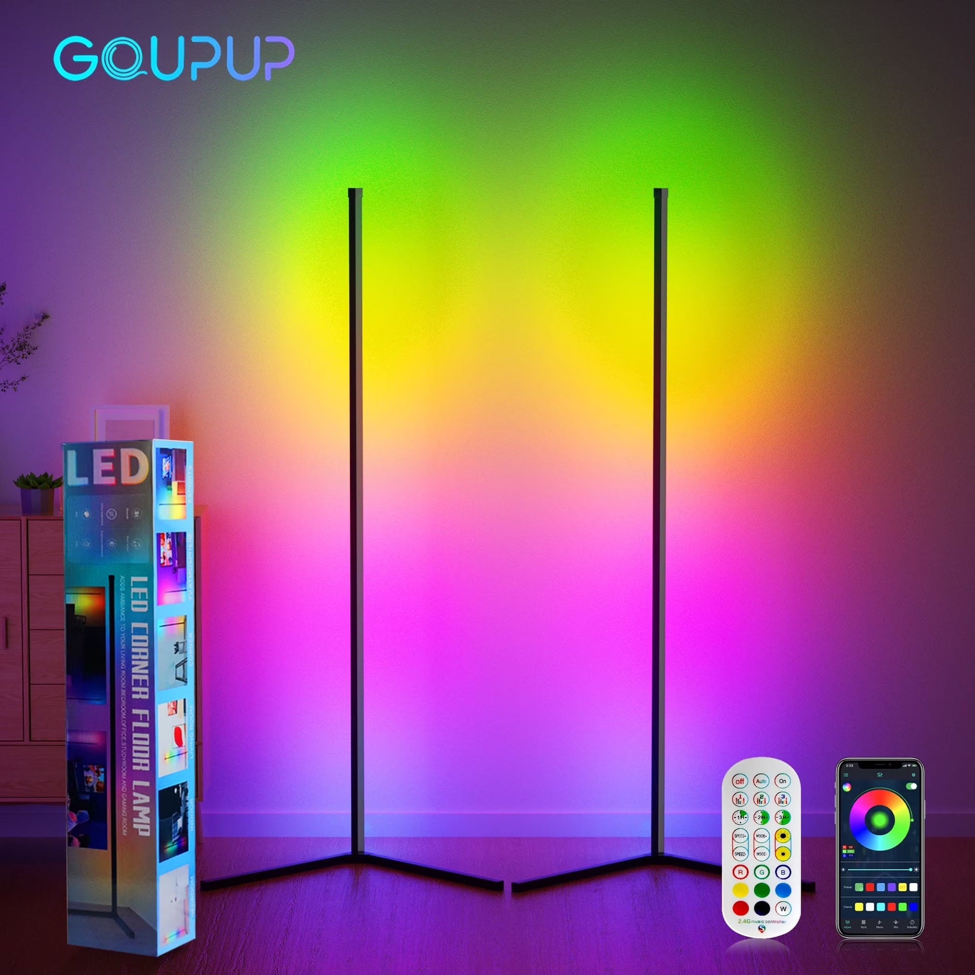 GUPUP Corner Floor Lamp with USB Plug-In, Music Sync Feature, and App Remote Control for Living Room