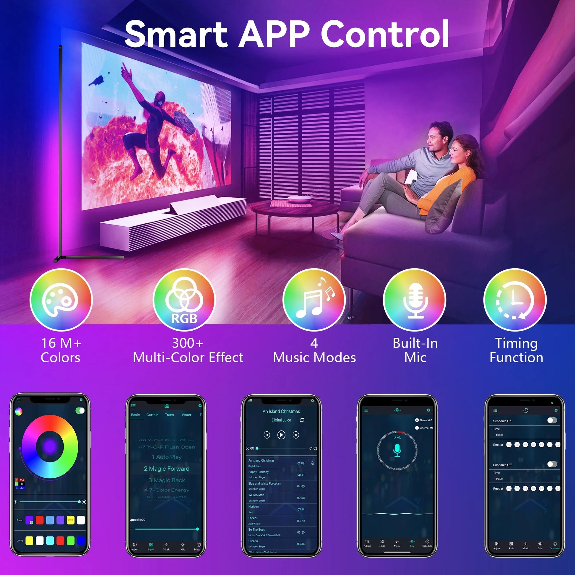 GUPUP Corner Floor Lamp with USB Plug-In, Music Sync Feature, and App Remote Control for Living Room