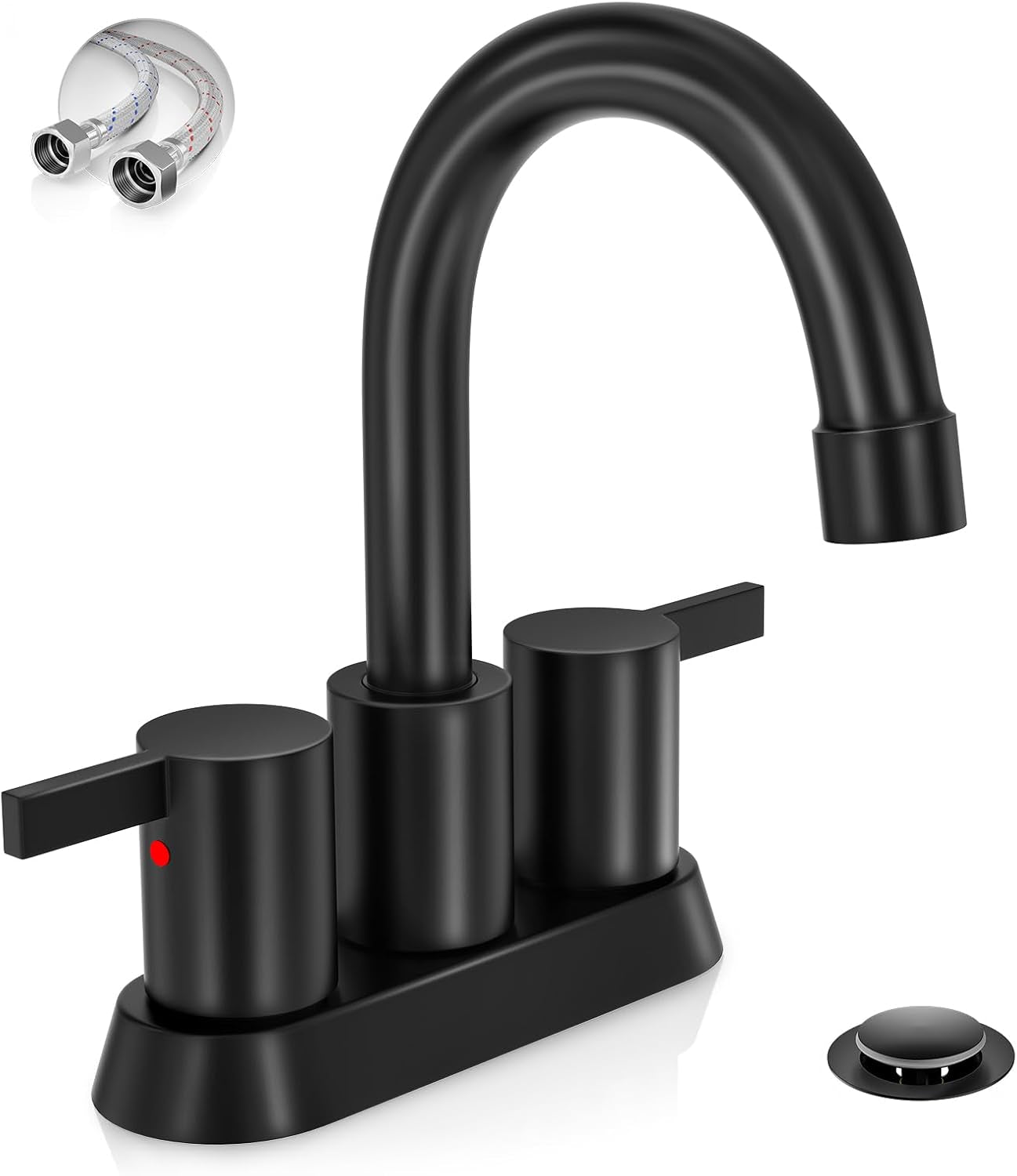 Phiestina 4 Inch 2 Handle Centerset Matte Black Lead-Free Modern Bathroom Faucet, 360 Swivel Spout 2-3 Hole RV Bathroom Vanity Sink Faucet with Pop up Drain and Water Supply Lines,Bf015-1-Mb