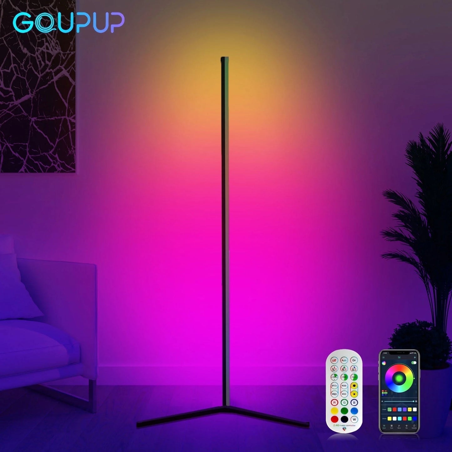 GUPUP Corner Floor Lamp with USB Plug-In, Music Sync Feature, and App Remote Control for Living Room