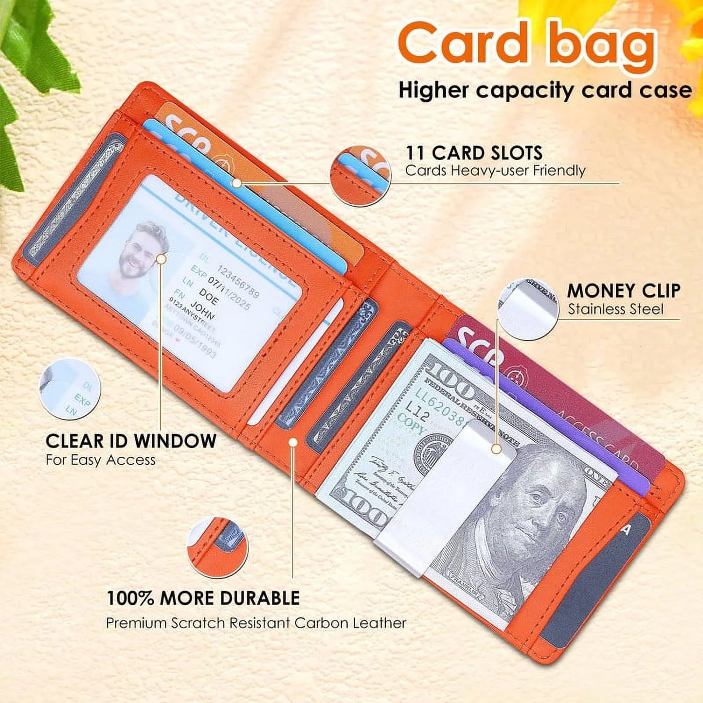 Men's Slim RFID Blocking Wallet with Money Clip, Leather Front Pocket Card Holder, 11 Card Slots, ID Window, Minimalist Bifold Wallet for Gifting