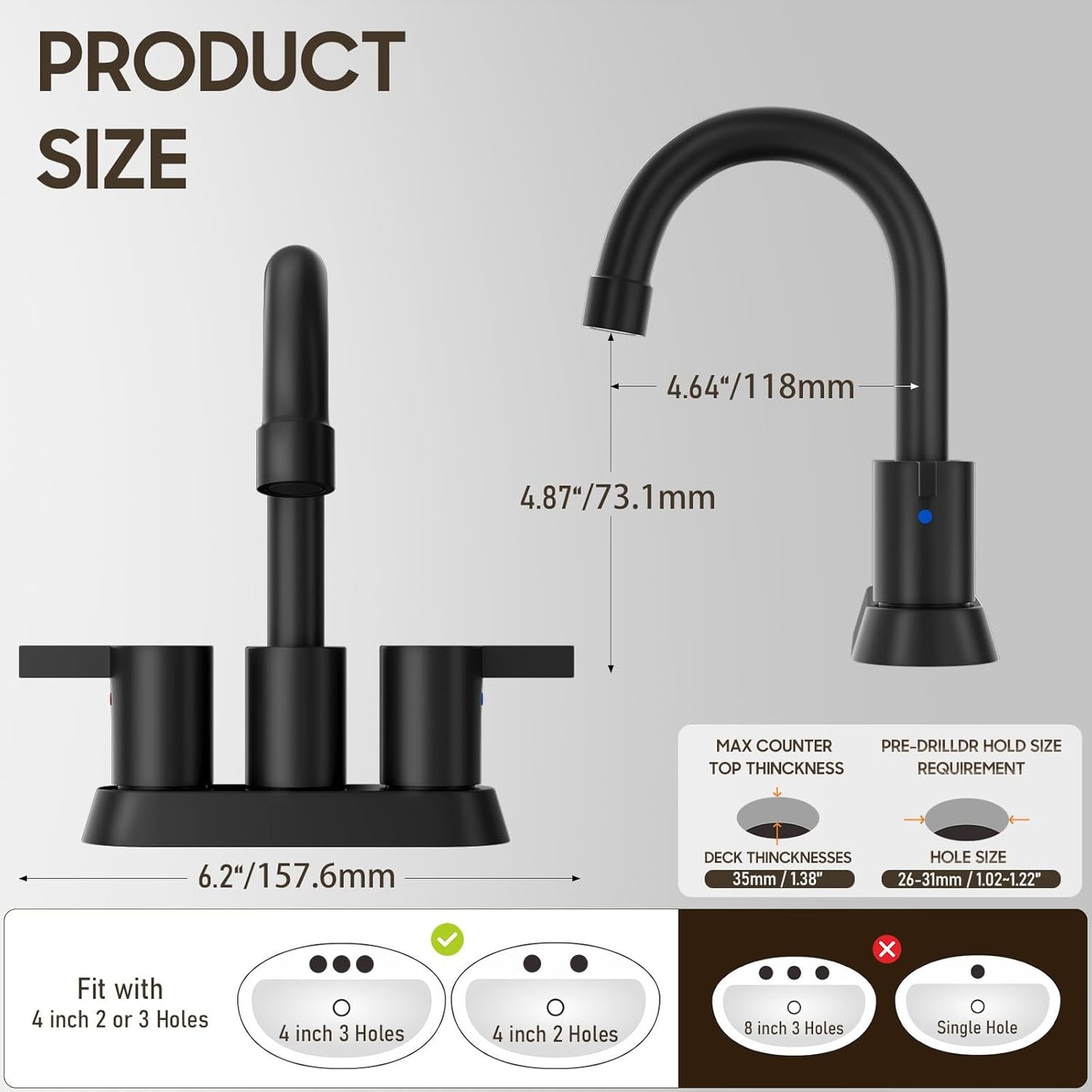 Phiestina 4 Inch 2 Handle Centerset Matte Black Lead-Free Modern Bathroom Faucet, 360 Swivel Spout 2-3 Hole RV Bathroom Vanity Sink Faucet with Pop up Drain and Water Supply Lines,Bf015-1-Mb