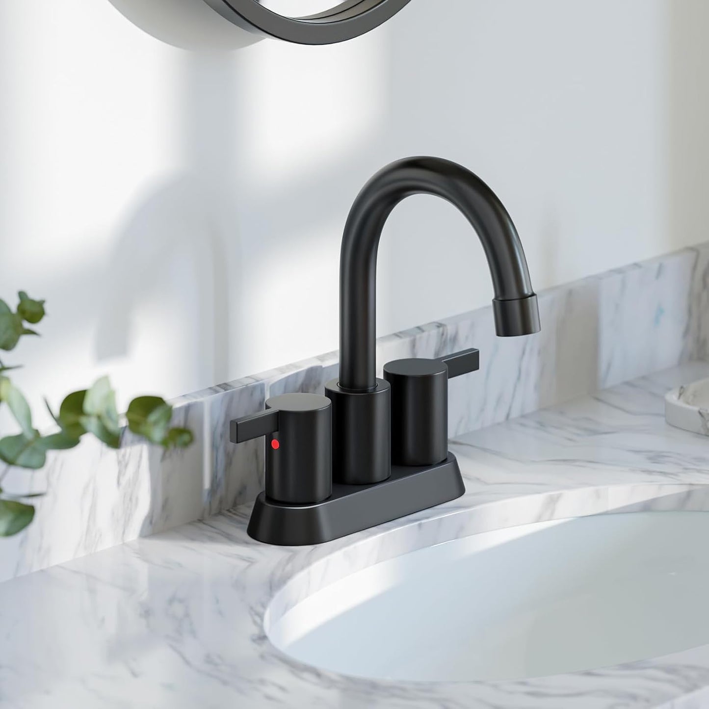 Phiestina 4 Inch 2 Handle Centerset Matte Black Lead-Free Modern Bathroom Faucet, 360 Swivel Spout 2-3 Hole RV Bathroom Vanity Sink Faucet with Pop up Drain and Water Supply Lines,Bf015-1-Mb