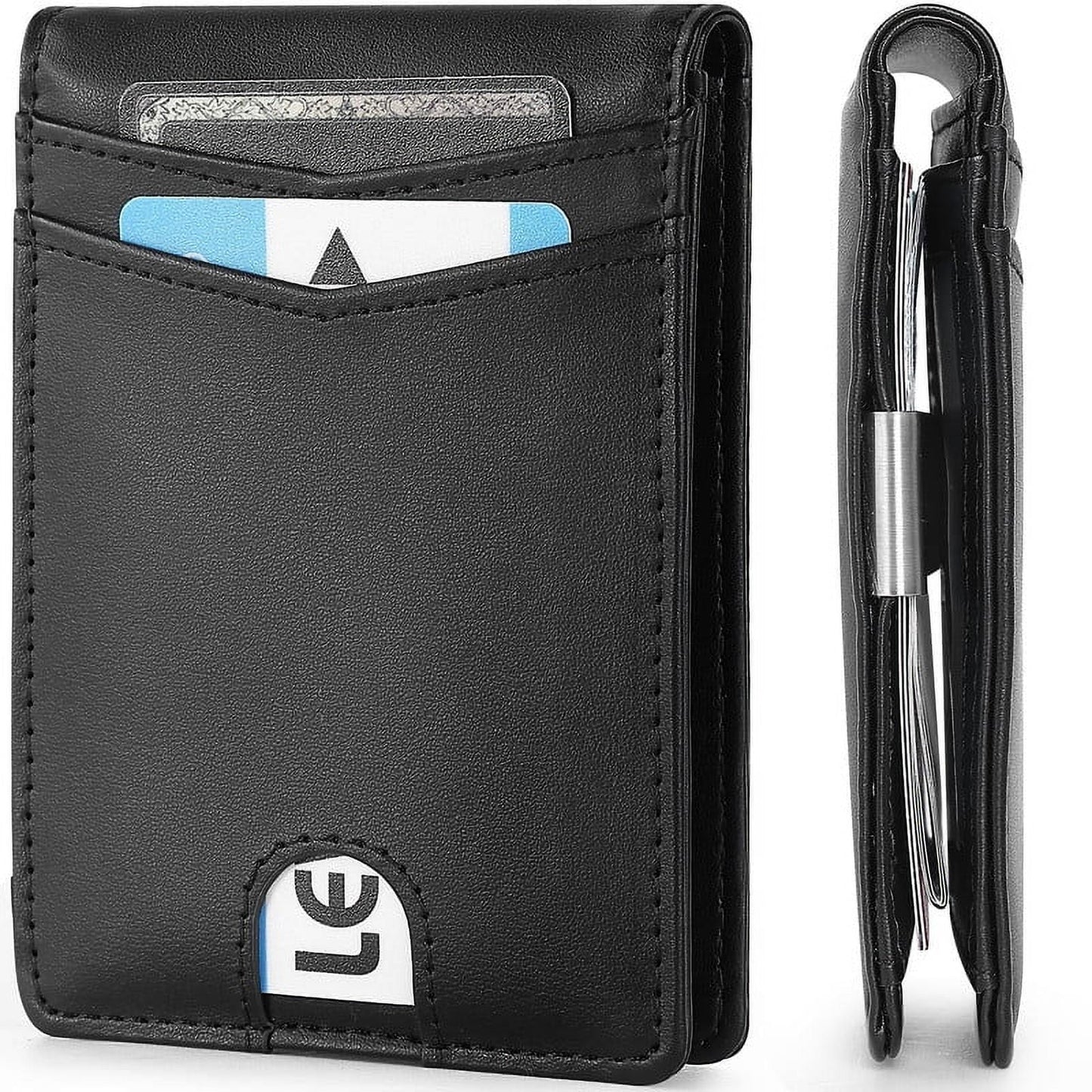 Men's Slim RFID Blocking Wallet with Money Clip, Leather Front Pocket Card Holder, 11 Card Slots, ID Window, Minimalist Bifold Wallet for Gifting